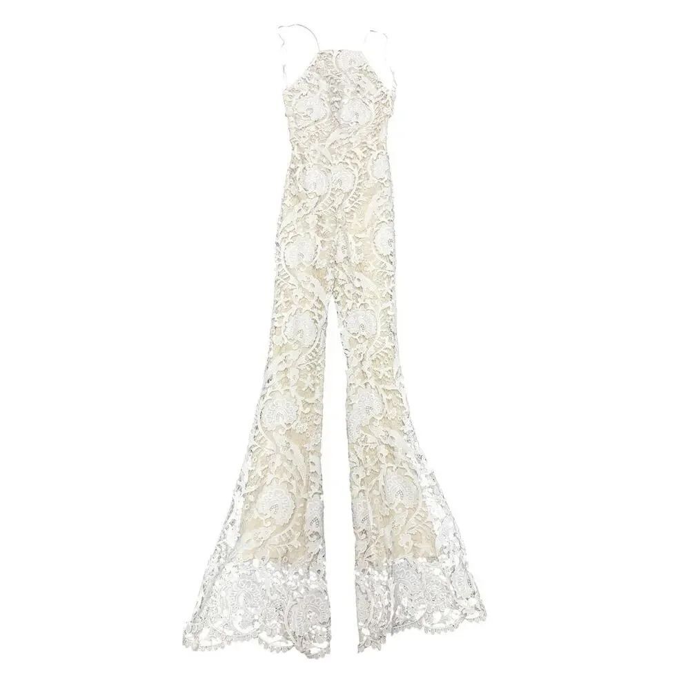 Stone Cold Fox Dylan Lace Jumpsuit Ivory Nude Lined Open Back Size 0 - Picture 7 of 15